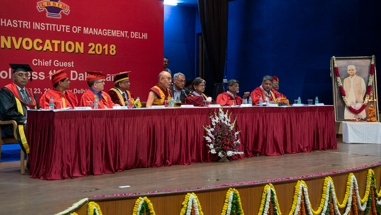 His Holiness the Dalai Lama speaking at the Lal Bahadur Shastri Institute of Management Convocation in New Delhi, India on April 23, 2018. Photo by Tenzin Choejor