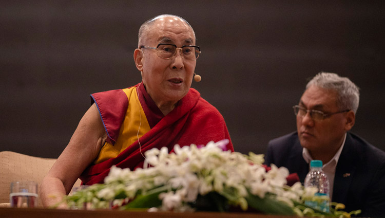 His Holiness the Dalai Lama speaking on "Happiness and a Stress-free Life" at the IIT auditorium in New Delhi, India on April 24, 2018. Photo by Tenzin Choejor