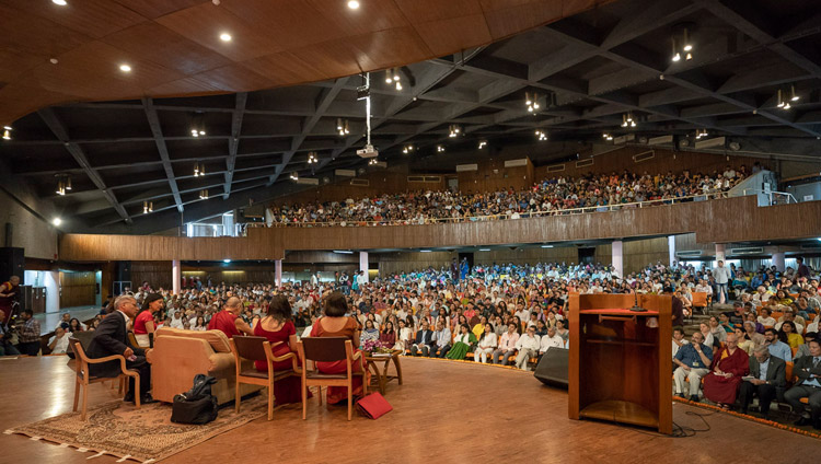 A view from the back of the stage at the IIT auditorium during His Holiness the Dalai Lama's talk on "Happiness and a Stress-free Life" in New Delhi, India on April 24, 2018. Photo by Tenzin Choejor
