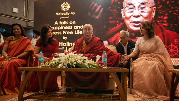 His Holiness the Dalai Lama speaking on "Happiness and a Stress-free Life" at the IIT auditorium in New Delhi, India on April 24, 2018. Photo by Tenzin Choejor