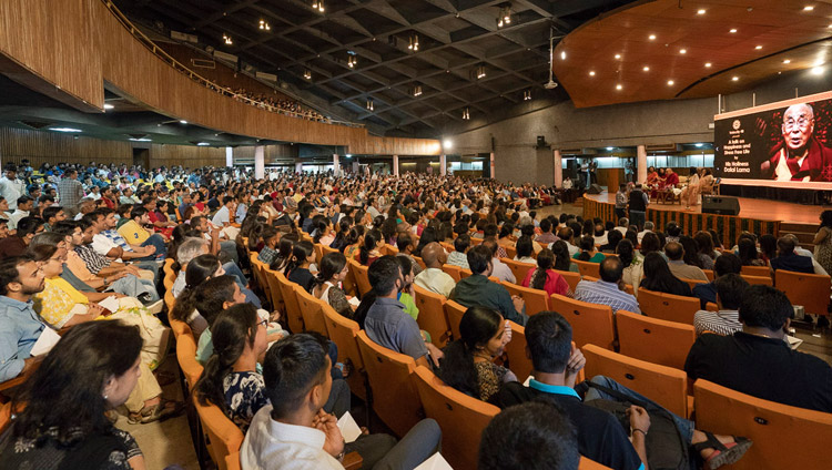 Over 1500 people listening to His Holiness the Dalai Lama during his talk on "Happiness and a Stress-free Life" at the IIT auditorium in New Delhi, India on April 24, 2018. Photo by Tenzin Choejor