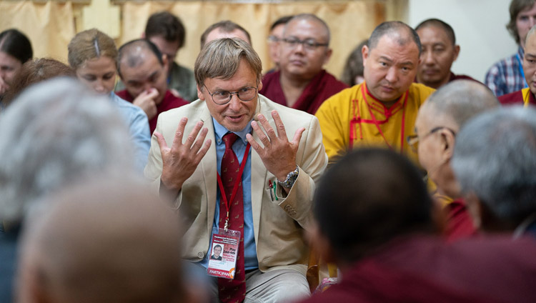 Moderator Prof Konstantin Anokhin thanking His Holiness the Dalai Lama for taking part in the Dialogue Between Russian and Buddhist Scholars in Dharamsala, HP, India on May 3, 2018. Photo by Tenzin Choejor