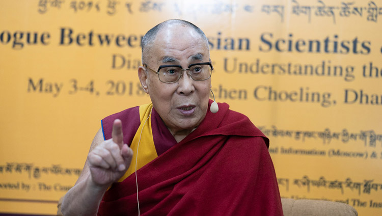 His Holiness the Dalai Lama delivering his opening remarks at the Dialogue Between Russian and Buddhist Scholars in Dharamsala, HP, India on May 3, 2018. Photo by Tenzin Choejor