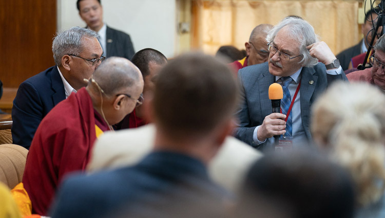 Neurobiologist Prof Pavel Balaban opening the conversation at the Dialogue Between Russian and Buddhist Scholars in Dharamsala, HP, India on May 3, 2018. Photo by Tenzin Choejor