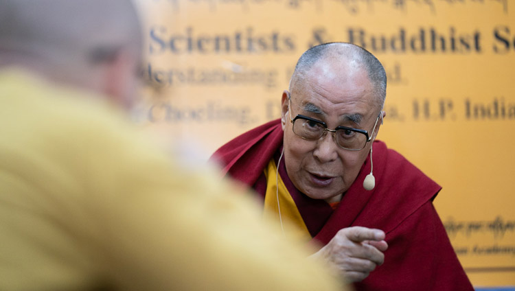 His Holiness the Dalai Lama commenting on the presentation at the Dialogue Between Russian and Buddhist Scholars in Dharamsala, HP, India on May 3, 2018. Photo by Tenzin Choejor