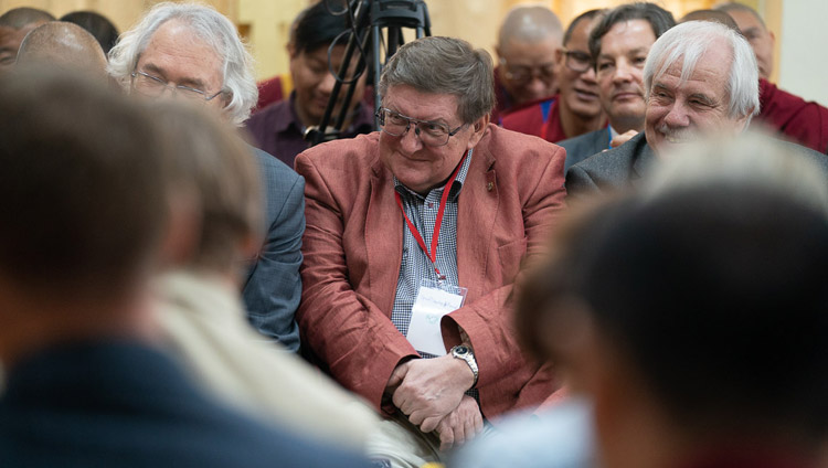 Prof Svyatoslav Medvedev listening to His Holiness the Dalai Lama commenting on his presentation at the Dialogue Between Russian and Buddhist Scholars in Dharamsala, HP, India on May 3, 2018. Photo by Tenzin Choejor