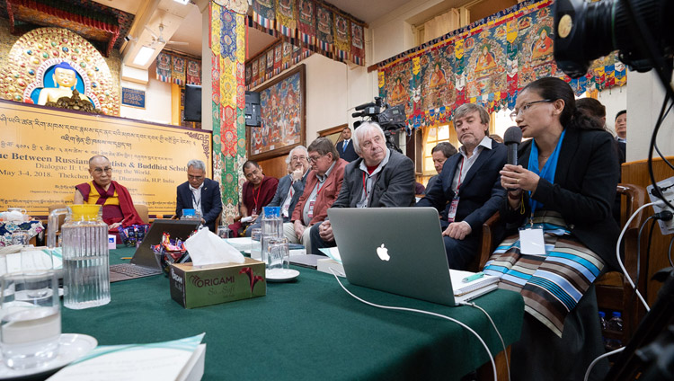 Dr Namdol Lhamo of the Tibetan Medical and Astro-science Institute making a presentation on Understanding the World in the context of the Tibetan medical tradition at the Dialogue between Russian and Buddhist Scholars in Dharamsala, HP, India on May 4, 2018. Photo by Tenzin Choejor