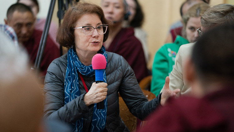 Prof Victoria Lysenko, a Russian specialist in Indian and Buddhist philosophy, speaking on the second day of the Dialogue between Russian and Buddhist Scholars in Dharamsala, HP, India on May 4, 2018. Photo by Tenzin Choejor