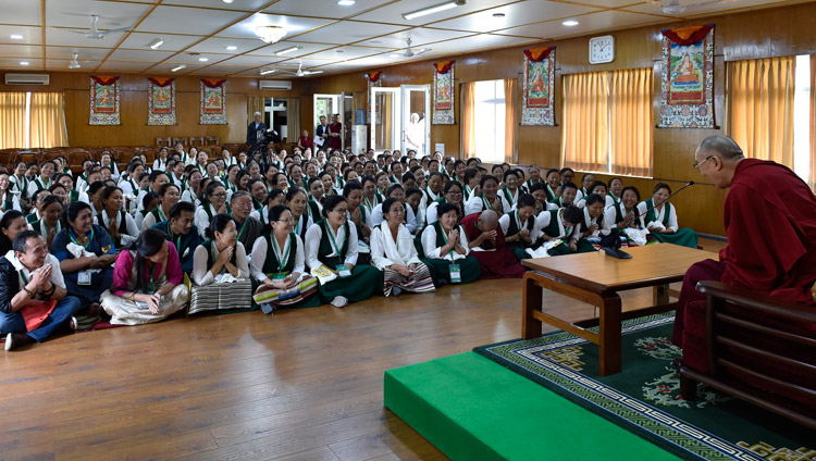 His Holiness the Dalai Lama speaking to members of the Tibetan Women's Association at his residence in Dharamsala, HP, India on May 14, 2018. Photo by Ven Tenzin Damchoe