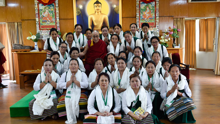 His Holiness the Dalai Lama posing for group photos with members of the Tibetan Women's Association after their meeting at his residence in Dharamsala, HP, India on May 14, 2018. Photo by Ven Tenzin Damchoe