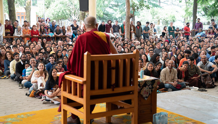 His Holiness the Dalai Lama addressing over 1000 people gathered at the Tsuglagkhang courtyard in Dharamsala, HP, India on May 19, 2018. Photo by Tenzin Choejor