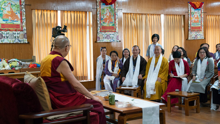 A member of the audience asking His Holiness the Dalai Lama a questions during his meeting with groups from Vietnam at his residence in Dharamsala, HP, India on May 21, 2018. Photo by Tenzin Choejor