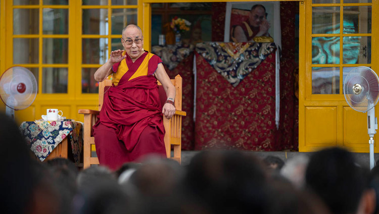 His Holiness the Dalai Lama addressing participants to an International Conference on the Middle Way Approach during their meeting at the Main Tibetan Temple courtyard in Dharamsala, HP, India on May 30, 2018. Photo by Tenzin Choejor