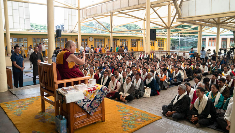His Holiness the Dalai Lama addressing over 650 Tibetans from various settlements in India and around the world participating in an International Conference on the Middle Way Approach during their meeting at the Main Tibetan Temple courtyard in Dharamsala, HP, India on May 30, 2018. Photo by Tenzin Choejor