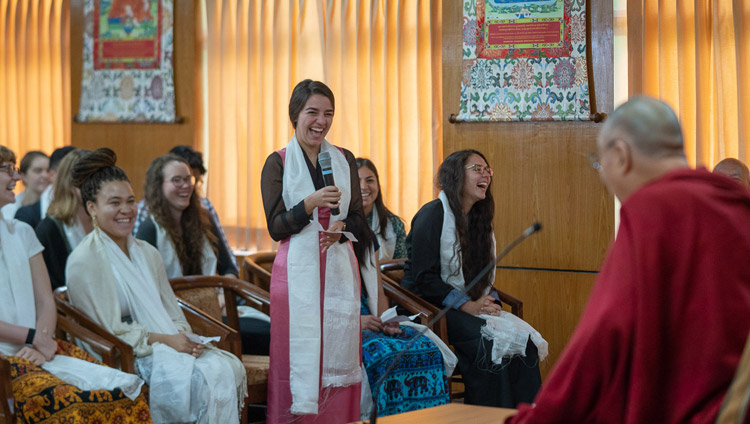 His Holiness the Dalai Lama answering questions from the audience during his meeting with students and teachers at his residence in Dharamsala, HP, India on June 1, 2018. Photo by Tenzin Choejor