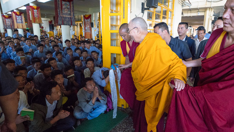 His Holiness the Dalai Lama greeting TCV students as he arrives at the Main Tibetan Temple in Dharamsala, HP, India on June 6, 2018. Photo by Tenzin Phuntsok