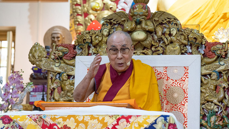 His Holiness the Dalai Lama speaking on the first day of his teaching for young Tibetan students at the Main Tibetan Temple in Dharamsala, HP, India on June 6, 2018. Photo by Tenzin Phuntsok
