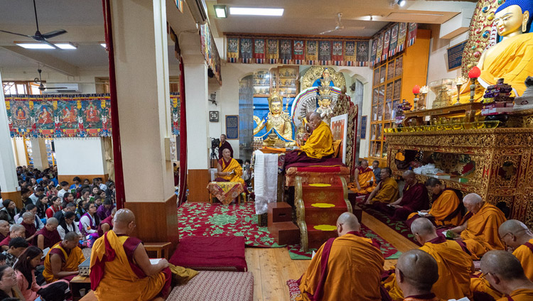 His Holiness the Dalai Lama on the first day of his teaching for young Tibetan students at the Main Tibetan Temple in Dharamsala, HP, India on June 6, 2018. Photo by Tenzin Phuntsok