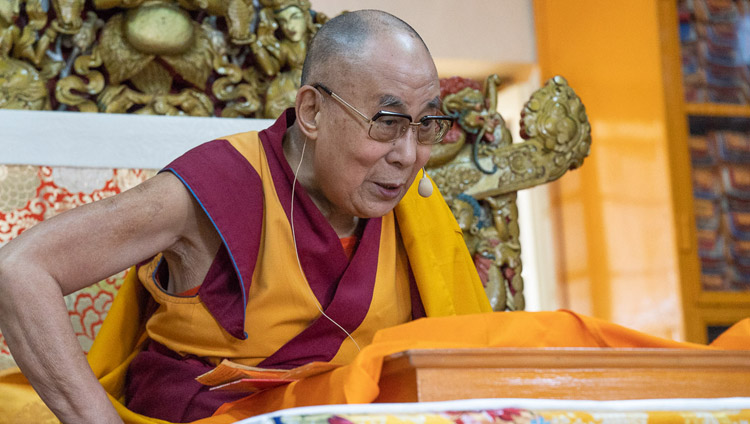 His Holiness the Dalai Lama speaking on the second day of his teaching for young Tibetan students at the Main Tibetan Temple in Dharamsala, HP, India on June 7, 2018. Photo by Tenzin Phuntsok