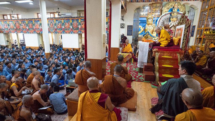 A view of the inside of the Main Tibetan Temple on the second day of His Holiness the Dalai Lama's teaching for young Tibetan students in Dharamsala, HP, India on June 7, 2018. Photo by Tenzin Phuntsok