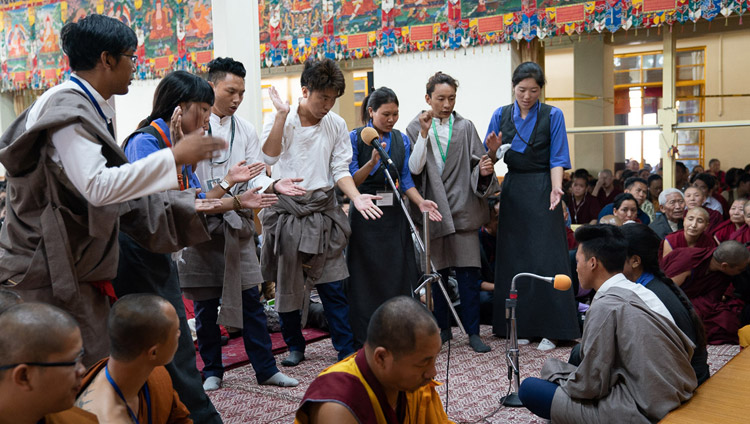 Students from Sherab Gatsel Lobling, the Tibetan Transit School, demonstrating debate on the final day of His Holiness the Dalai Lama's teachings for young Tibetan students at the Main Tibetan Temple in Dharamsala, HP, India on June 8, 2018. Photo by Tenzin Choejor