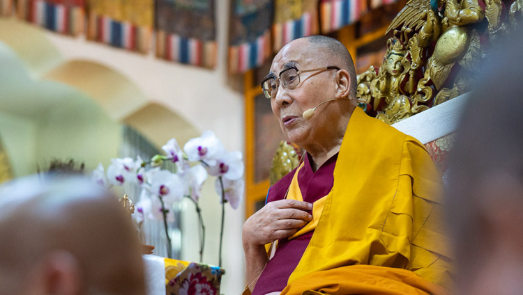 His Holiness the Dalai Lama on the final day of his teachings for young Tibetan students at the Main Tibetan Temple in Dharamsala, HP, India on June 8, 2018. Photo by Tenzin Choejor