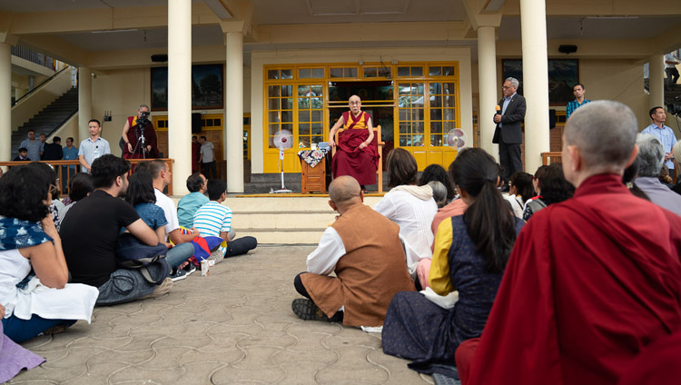 His Holiness the Dalai Lama speaking to visitors from India and abroad at the Main Tibetan Temple courtyard in Dharamsala, HP, India on June 9, 2018. Photo by Tenzin Choejor