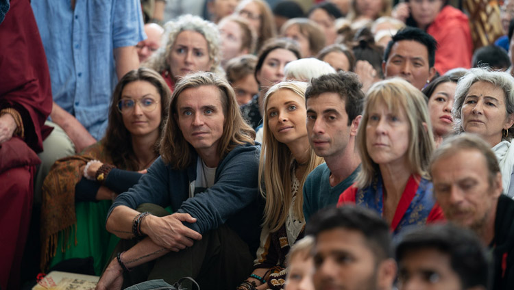 Some of the more than 1200 people listening to His Holiness the Dalai Lama speaking at the Main Tibetan Temple courtyard in Dharamsala, HP, India on June 9, 2018. Photo by Tenzin Choejor