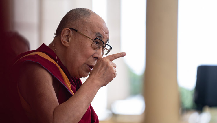 His Holiness the Dalai Lama answering questions from the audience during his meeting with visitors from India and abroad at the Main Tibetan Temple courtyard in Dharamsala, HP, India on June 9, 2018. Photo by Tenzin Choejor