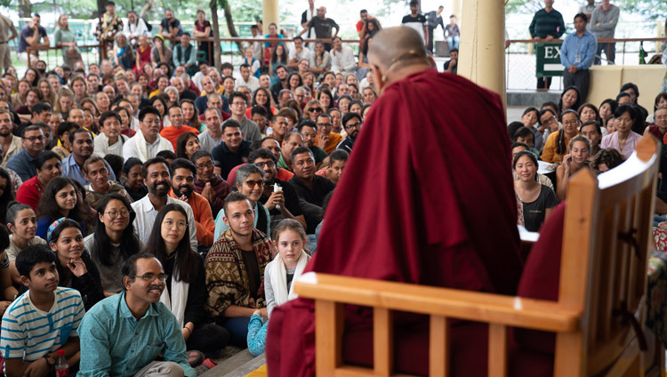 His Holiness the Dalai Lama answering a question from an 8 year old girl during his meeting with visitors from India and abroad at the Main Tibetan Temple courtyard in Dharamsala, HP, India on June 9, 2018. Photo by Tenzin Choejor