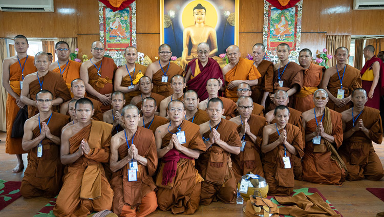 His Holiness the Dalai Lama posing for one of several group photos with Thai monks and their supporters at his residence in Dharamsala, HP, India on June 9, 2018. Photo by Tenzin Choejor