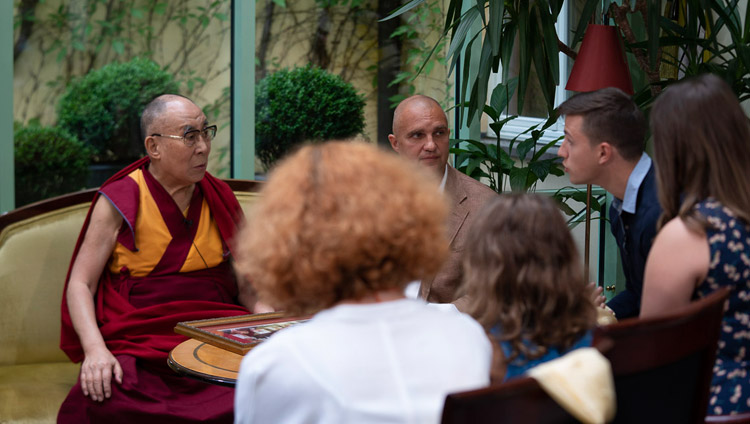 His Holiness the Dalai Lama giving an interview to the lrytas.tv channel in Vilnius, Lithuania on June 13, 2018. Photo by Tenzin Choejor