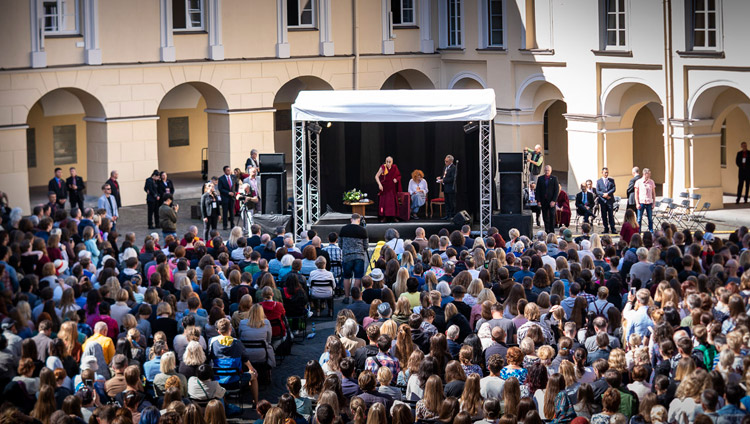 His Holiness the Dalai Lama speaking to a crowd of over 2000 at the University of Vilnius in Vilnius, Lithuania on June 13, 2018. Photo by Tenzin Choejor