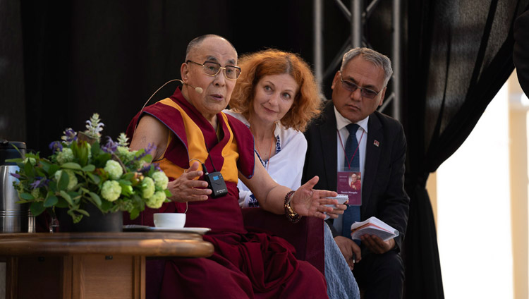 His Holiness the Dalai Lama speaking at the University of Vilnius in Vilnius, Lithuania on June 13, 2018. Photo by Tenzin Choejor