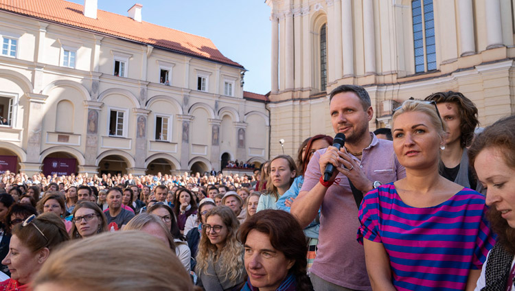 A member of the crowd asking His Holiness the Dalai Lama a question during his talk at the University of Vilnius in Vilnius, Lithuania on June 13, 2018. Photo by Tenzin Choejor