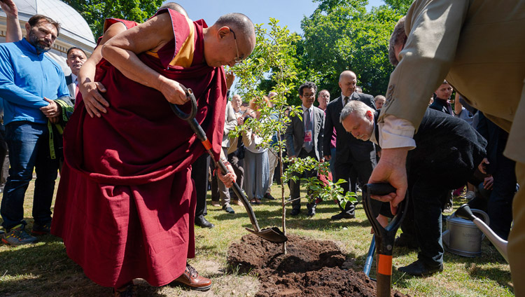 His Holiness the Dalai Lama planting a sapling to symbolize friendship between Lithuania and Tibet at Tibet Square in Vilnius, Lithuania on June 13, 2018. Photo by Tenzin Choejor