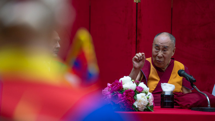 His Holiness the Dalai Lama speaking to members of the Lithuanian Parliamentary Group for Tibet and Tibet supporters in Vilnius, Lithuania on June 14, 2018. Photo by Tenzin Choejor