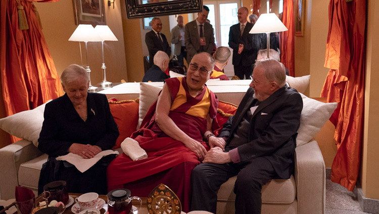 His Holiness the Dalai Lama meeting with former Lithuanian President Prof Vytautas Landsbergis in Vilnius, Lithuania on June 14, 2018. Photo by Tenzin Choejor