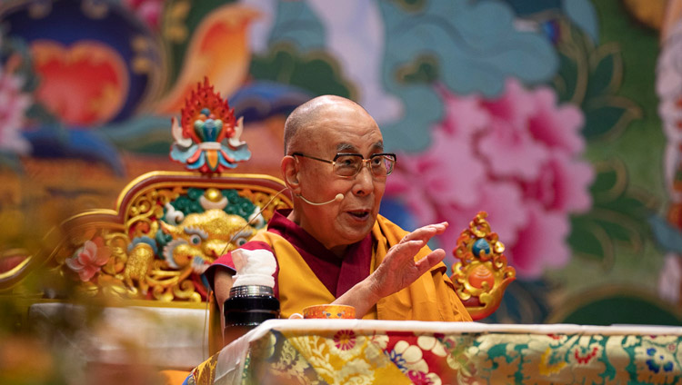 His Holiness the Dalai Lama speaking on the second day of his three day teaching in Riga, Latvia on June 17, 2018. Photo by Tenzin Choejor