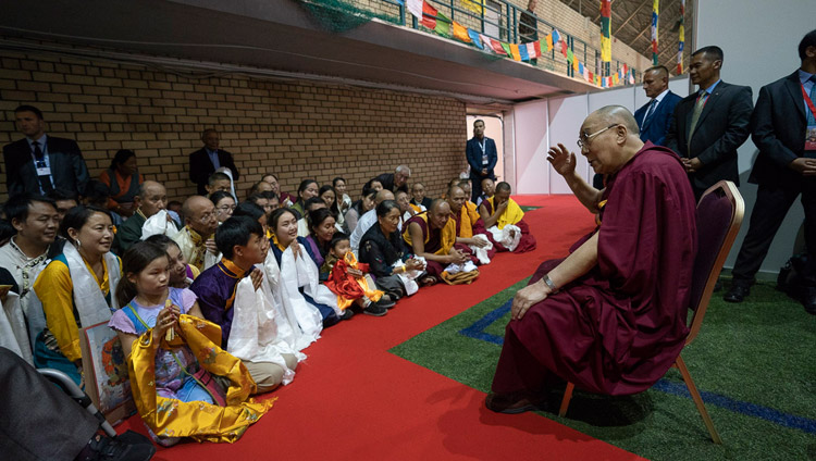 His Holiness the Dalai Lama meeting with Tibetans from several European countries at the end of the second day of teachings in Riga, Latvia on June 17, 2018. Photo by Tenzin Choejor His Holiness the Dalai Lama meeting with Tibetans from several European countries at the end of the second day of teachings in Riga, Latvia on June 17, 2018. Photo by Tenzin Choejor