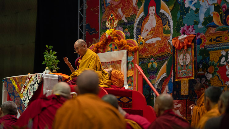 His Holiness the Dalai Lama conducting preparatory rituals for the Avalokiteshvara Empowerment on the final day of his teachings in Riga, Latvia on June 18, 2018. Photo by Tenzin Choejor