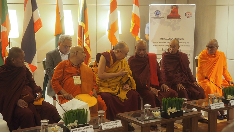 His Holiness the Dalai Lama with elders from Myanmar and Sri Lanka who had attended the Second Dialogue on Vinaya during their meeting in New Delhi, India on July 1, 2018. Photo by Jeremy Russell