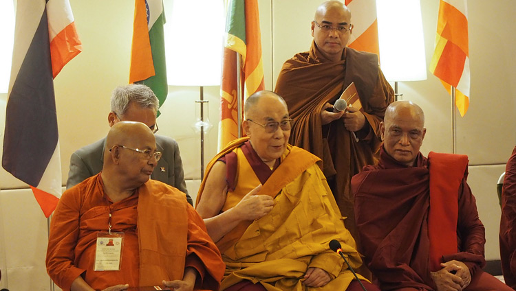 His Holiness the Dalai Lama addressing the gathering of delegates to the Second Dialogue on Vinaya during their meeting in New Delhi, India on July 1, 2018. Photo by Jeremy Russell