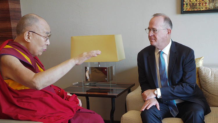 His Holiness the Dalai Lama meeting with the Mayor of Anaheim Tom Tait in New Delhi, India on July 1, 2018. Photo by Jeremy Russell