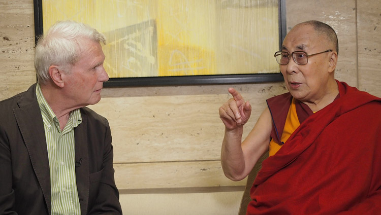 His Holiness the Dalai Lama giving an interview to Adriaan van Dis for Dutch television in New Delhi, India on July 2, 2018. Photo by Jeremy Russell His Holiness the Dalai Lama giving an interview to Adriaan van Dis for Dutch television in New Delhi, India on July 2, 2018. Photo by Jeremy Russell