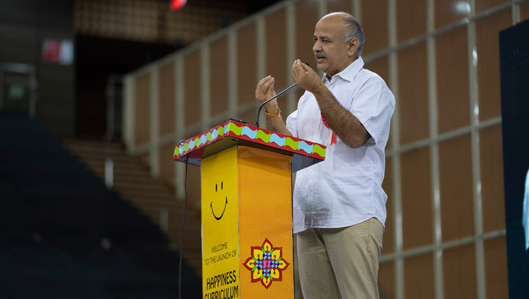 Delhi Deputy Chief Minister Manish Sisodia speaking at the Launch of the Happiness Curriculum in Delhi Government Schools in New Delhi, India on July 2, 2018. Photo by Tenzin Choejor