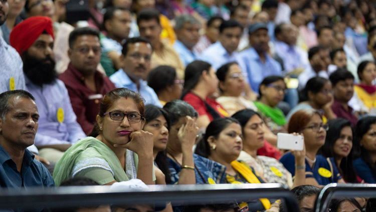 Some of the more than 5000 educators listening to His Holiness the Dalai Lama speaking at the Launch of the Happiness Curriculum in Delhi Government Schools in New Delhi, India on July 2, 2018. Photo by Tenzin Choejor