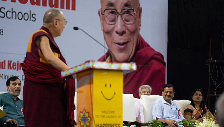 His Holiness the Dalai Lama addressing the gathering at the Launch of the Happiness Curriculum in Delhi Government Schools in New Delhi, India on July 2, 2018. Photo by Tenzin Choejor