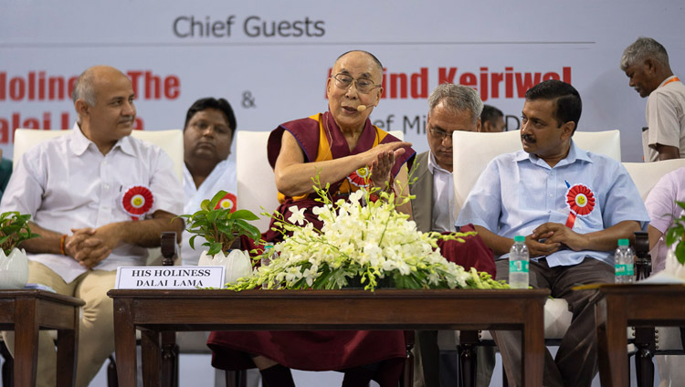 His Holiness the Dalai Lama answering questions from the audience during his talk at the Launch of the Happiness Curriculum in Delhi Government Schools in New Delhi, India on July 2, 2018. Photo by Tenzin Choejor