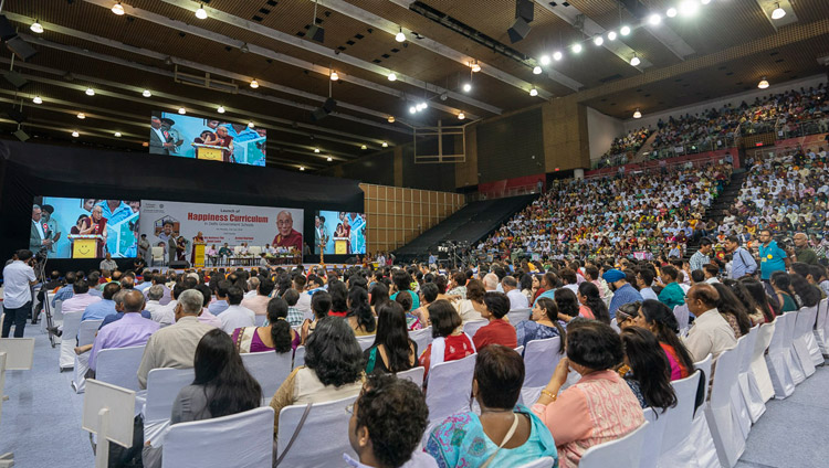 A view from the back of Thyagraj Stadium during the Launch of the Happiness Curriculum in Delhi Government Schools in New Delhi, India on July 2, 2018. Photo by Tenzin Choejor